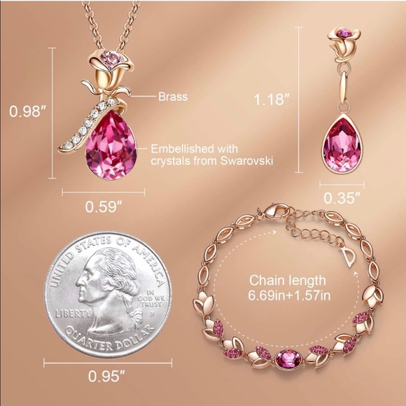 Rose Flower Jewelry Set of 4 18k Rose Gold Plated - Picture 3 of 4